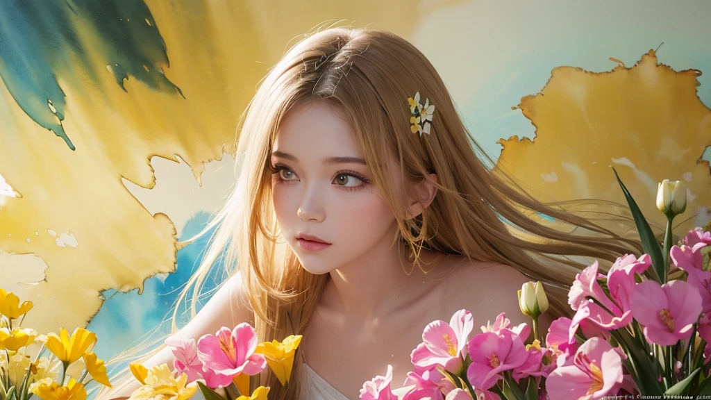 32k, Masterpiece, Highest quality, One girl, Detailed eyes, flower,gladiolus, Yellow and pink style,A dreamy, romantic piece,Pale yellow, Mysterious Leaves,A playful arrangement,Fantasy,High Contrast,Ink strokes,explosion,Exposure, Impression of yellow and white tones,Abstract,((Watercolours by John Berkey and Jeremy Mann )) Brush strokes,Negative Space, Tyndall effect,