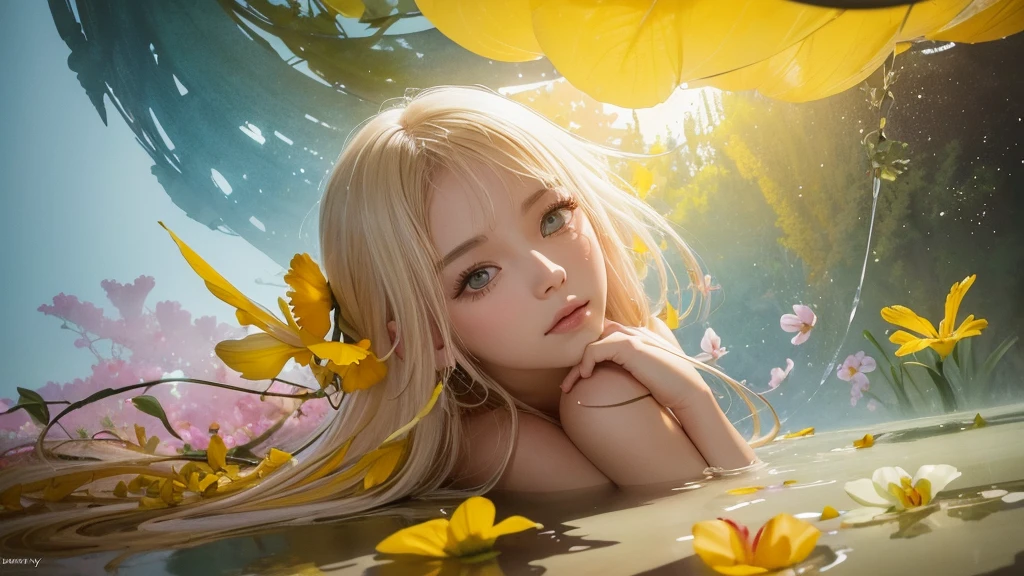 (masterpiece, best quality:1.4), Young blonde beauty, (((adult, neat girl))), detailed blue eyes, long eyelashes, blush, kind smile, horny, upper body, wet, topless, small ass, round ass, wet pusssy, (looking at viewer), beautiful blonde hair, white-skinned, (bangs:1.3), (from above), squeezing, (small breasts), (mushroom forest, colorful celestial forest, beautiful and magnificent pink sunshine, majestic sky), natural light, pastel colors