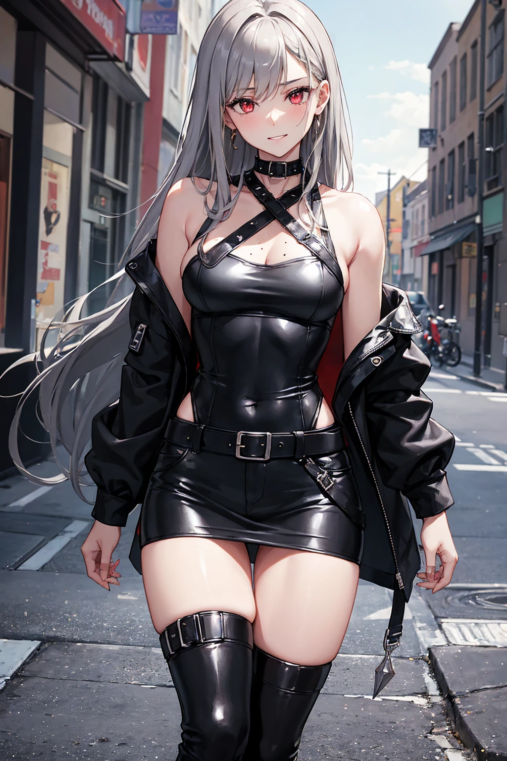 1girl, solo, accurate, sky-background, sunset, clouds, sunny-background, in-the-middle-of-nowhere, detailed, detailed lighting, absurdres, high resolution, sharp, ultrasharp, 8K, masterpiece, looking at viewer, looking-at-husband-which-is-the-viewer, cowboy shot, beautiful, depth of field, blurry background, masterpiece, best quality, married, large-breasts:1.3, beautiful-face, half-closed-eyes, navel, standing, best quality, 25 years old:1.5, long hair, straight hair, gray hair, detailed fingers, beautiful fingers, beautiful long legs, beautiful body, beautiful nose, perfect face, mature:1.1, mature female:1.2, slight-muscle-on-the-arms, female-muscle-body_(small), badass, sexy, gorgeous, woman, perfect, happy, in-love, smile, grin, romantic, true-love, wholesomeness, pure-love, emo, detailed jacket, sexy-gray-leather-jacket_(with-collar-with-black-fur-hood), black sports bra, black-plain-choker-necklace_(nothing-on-it), large-black-necklaces_(fancy), black-straps-around-both-arms, gold-logo-on-black-straps-on-the-jacket, detailed pants, sexy-black-pants, black-army-boots, full-body, woman, red eyeliner (makeup), black-vertical-pupils, dragon-pupils, cat-pupils, red eyes, darkness in the background, cool, black-full-fingerless-gloves, gold-wedding-ring-on-the-right-hand, black-sword-behind-girl, sword-behind-girl, black-darkness-spikes-behind-girl, two-moles-under-the-eye, darkness-around-girl, small-red-ear-rings, black-belt, black-fingernails, dull character design, simple character design, style, change, some-skin, exact, hauntingly beautiful, otherworldly vibe, immersive experience, emotional connection, cute-blush, alone,