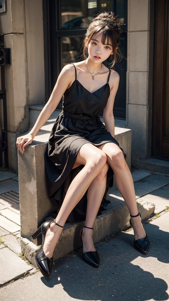 The girl sitting on ground and her face is mad but it's cute . Cute dresses, cute style , full body , high quality, high details , realistic