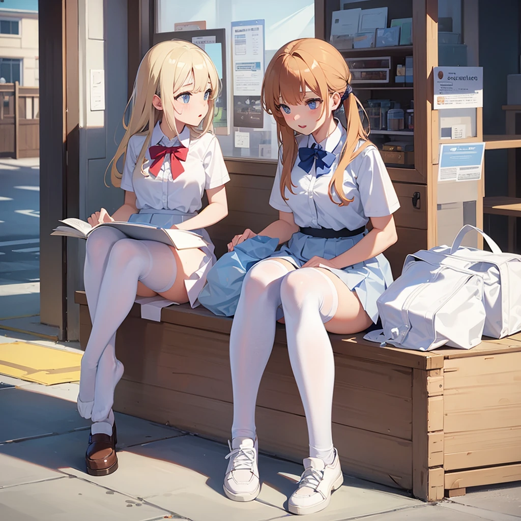 A high school girl wearing a disposable diaper and white stockings