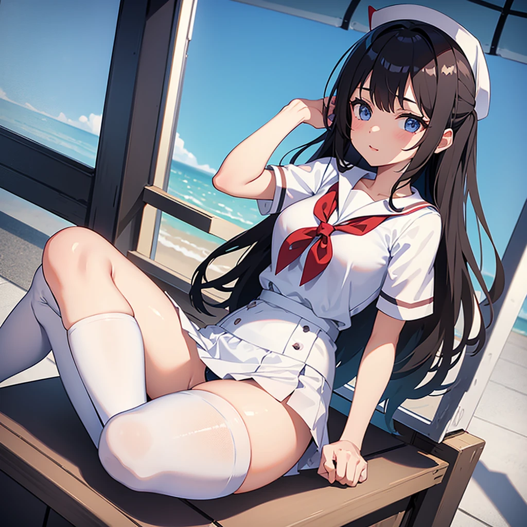 A high school girl wearing a disposable diaper and white stockings