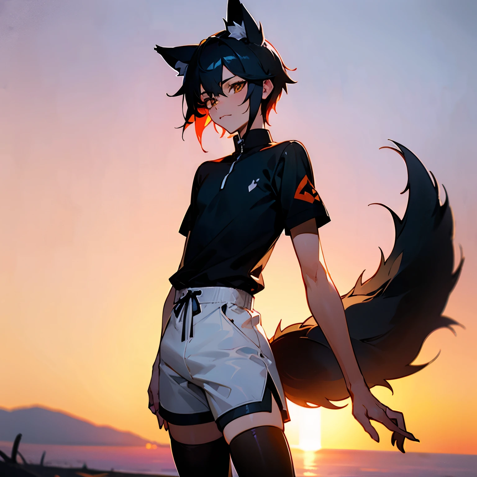 small male Wolf ears and tail in thight shorts and black thigh highs and a tight shirt standing with sunset in background