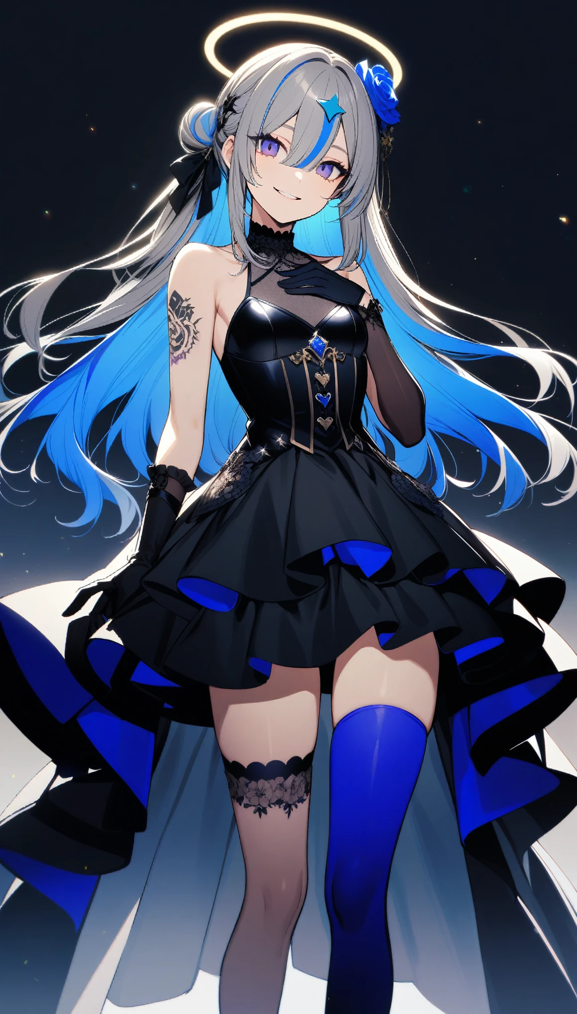 32k, 1girl, solo, long hair, breasts, bangs, hair ornament, thighhighs, gloves, dress, hair between eyes, bare shoulders, blue hair, flower, grey hair, multicolored hair, small breasts, frills, parted lips, black gloves, hair bun, black dress, streaked hair, tattoo, rose, halo, hand on own chest, single thighhigh, colored inner hair, blue thighhighs, official alternate hairstyle, official alternate hair length, star halo, ((smile)),