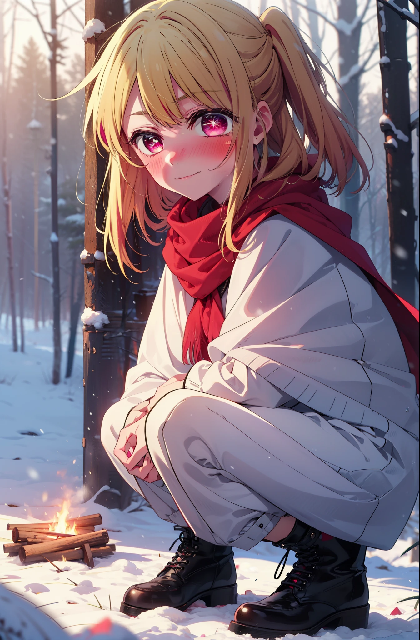 rubyhoshino, Hoshino Ruby, Long Hair, bangs, Blonde, (Pink Eyes:1.3), Side Lock, (Symbol-shaped pupil:1.5), Multicolored Hair, Two-tone hair, smile,,smile,blush,White Breath,
Open your mouth,snow,Ground bonfire, Outdoor, boots, snowing, From the side, wood, suitcase, Cape, Blurred, , forest, White handbag, nature,  Squat, Mouth closed, Cape, winter, Written boundary depth, Black shoes, red Cape break looking at viewer, Upper Body, whole body, break Outdoor, forest, nature, break (masterpiece:1.2), Highest quality, High resolution, unity 8k wallpaper, (shape:0.8), (Beautiful and beautiful eyes:1.6), Highly detailed face, Perfect lighting, Highly detailed CG, (Perfect hands, Perfect Anatomy),