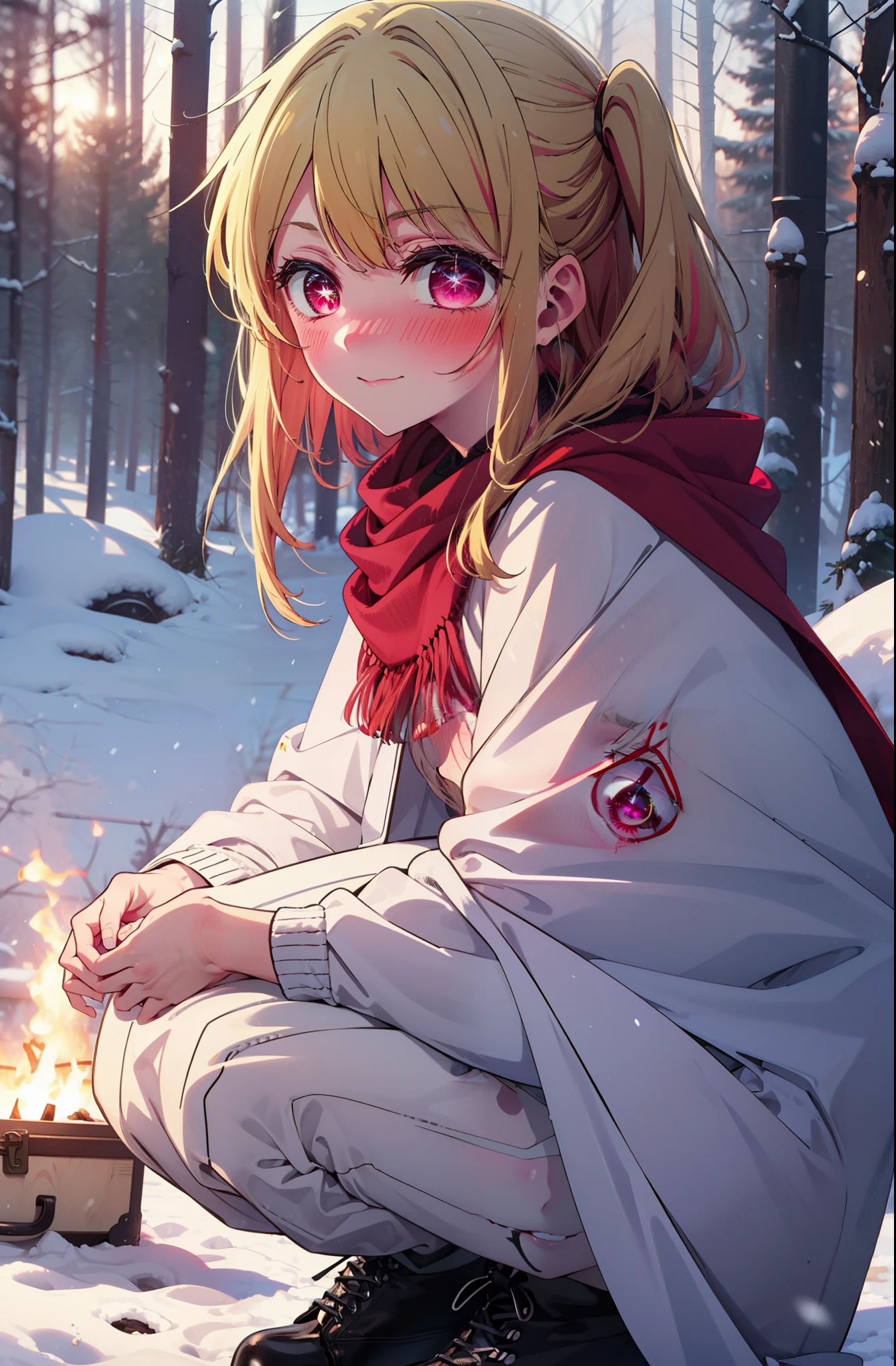 rubyhoshino, Hoshino Ruby, Long Hair, bangs, Blonde, (Pink Eyes:1.3), Side Lock, (Symbol-shaped pupil:1.5), Multicolored Hair, Two-tone hair, smile,,smile,blush,White Breath,
Open your mouth,snow,Ground bonfire, Outdoor, boots, snowing, From the side, wood, suitcase, Cape, Blurred, , forest, White handbag, nature,  Squat, Mouth closed, Cape, winter, Written boundary depth, Black shoes, red Cape break looking at viewer, Upper Body, whole body, break Outdoor, forest, nature, break (masterpiece:1.2), Highest quality, High resolution, unity 8k wallpaper, (shape:0.8), (Beautiful and beautiful eyes:1.6), Highly detailed face, Perfect lighting, Highly detailed CG, (Perfect hands, Perfect Anatomy),