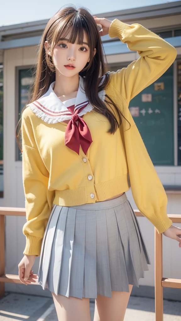 (masterpiece, Highest quality:1.2), One girl, alone,Are standing_Split,
Yuki mandarin orange, Brown eyes, Brown Hair, hair ornaments,Long Hair,Green Check Skirt, Sainan High , , White shirt, Yellow sweater vest,No panties