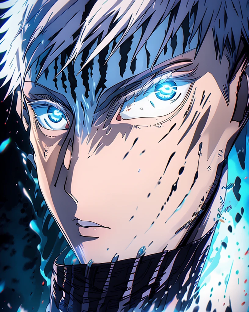 score_up 9 score_up 8, score_up 7, score_up 6, anime, anime art, anime boy, satoru gojo, snow white hairs, black, handsome guy in demon slayer art, anime wallaper, anime wallpaper 4 k, anime wallpaper 4k, best anime 4k konachan wallpaper, anime wallpaper, 4k anime wallpaper, badass anime 8 k, infused with sukuna, with sukuna tattoos on his face, high qualty resolution, jujutsu kaisen anime adaption style, visible face, clear face visibility, looking at the views, with one eye blindfold uncovered