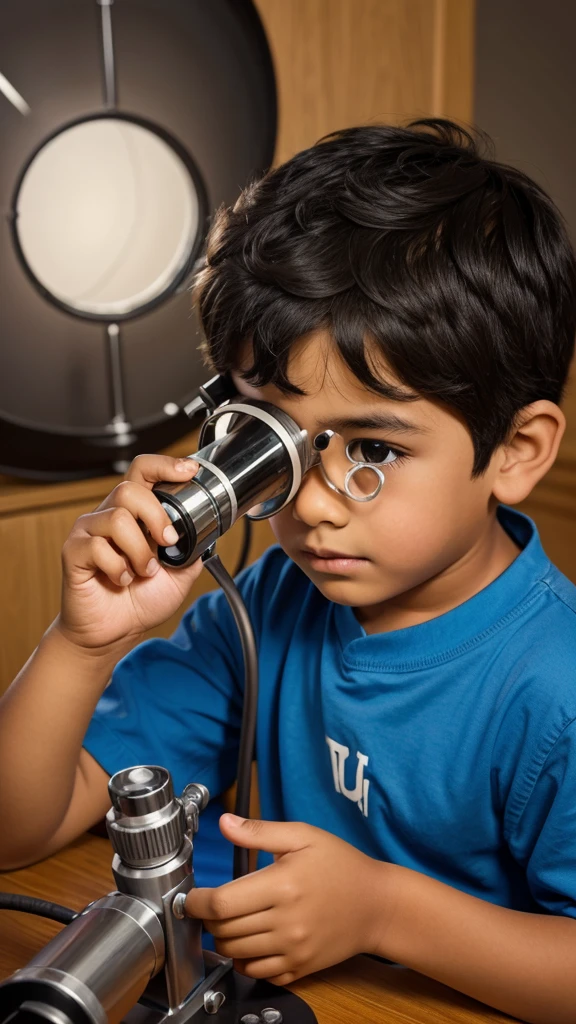 Create an illustration of a boy named Ayan looking through a telescope, with a curious expression.