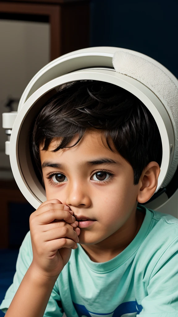 Create an illustration of a boy named Ayan looking through a telescope, with a curious expression.