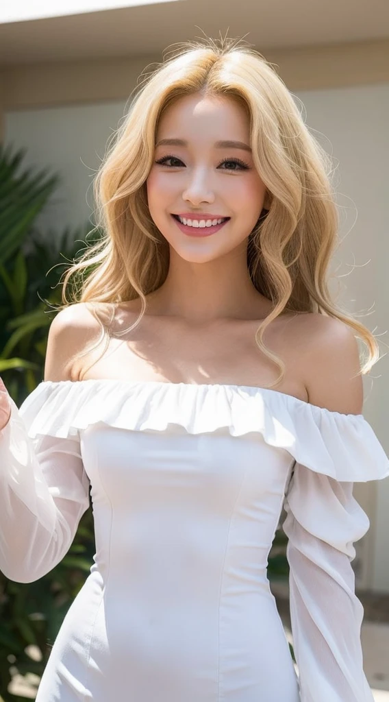 Surreal beautiful woman with blonde wavy hair and a big smile on her face.South Korea.Pure white off-shoulder low-cut dress.role play