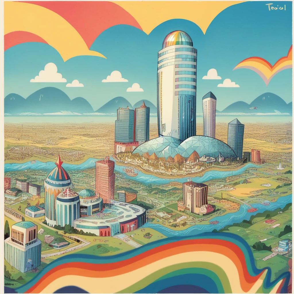Mini(Ttp), (8k, photo and gross, Best Quality, Masterpiece:1.2), colorful background, clean background, depth of field, City, tall building, Miniatura, landscape, isometric,in crystal ball, 16:9, playa, waves