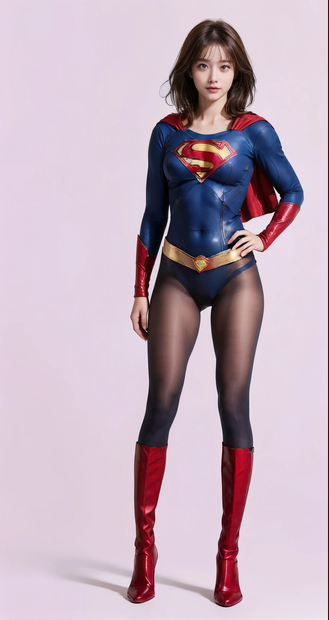 No background、(((Beautiful legs in black tights.)))、(((Legally express the beauty of your smile)))、((((Make the most of your original images)))、(((Supergirl Costume)))、(((Beautiful very short hair)))、(((suffering)))、(((Please wear black tights....、Wear red boots)))、((Best image quality、8K))、((Highest quality、8K、masterpiece:1.3))、(((Preserve background )))、Sharp focus:1.2、Beautiful woman with perfect figure:1.4、Slim Abs:1.2、Wet body:1.5、Highly detailed face and skin texture、8K