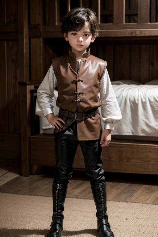 Boy in a brown medieval tunic with a vest with black details on the collar and ends of the sleeves, around the waist and a leather belt and underneath, tight black pants and small black boots