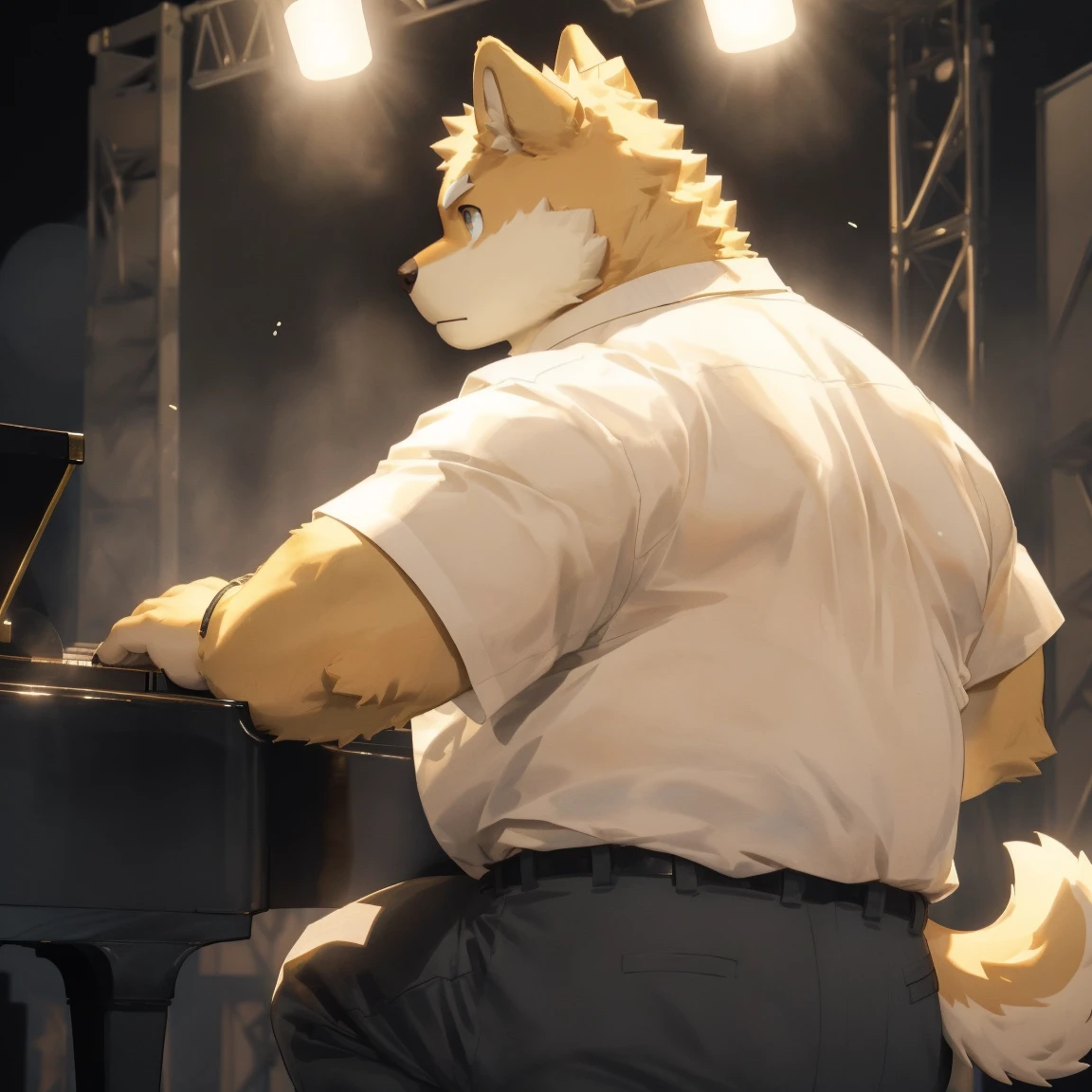 masterpiece, best quality, 8k resolution, Very detailed, hairy，Shiba Inu，(Black hair)，(((golden fur)))，(((Golden Eyes)))，Chubby，Chubby face，(((White shirt)))，(((Loose shirt)))，((Black pants))，Highest quality scene，(((Solitary)))，(((solitary)))，((正在弹piano的))，((light))，(((piano)))，(((earnest)))，(((Round face)))，(((whole body)))，(((Medium shot)))，(((stage)))，(((on the side of)))，((坐在piano凳上))