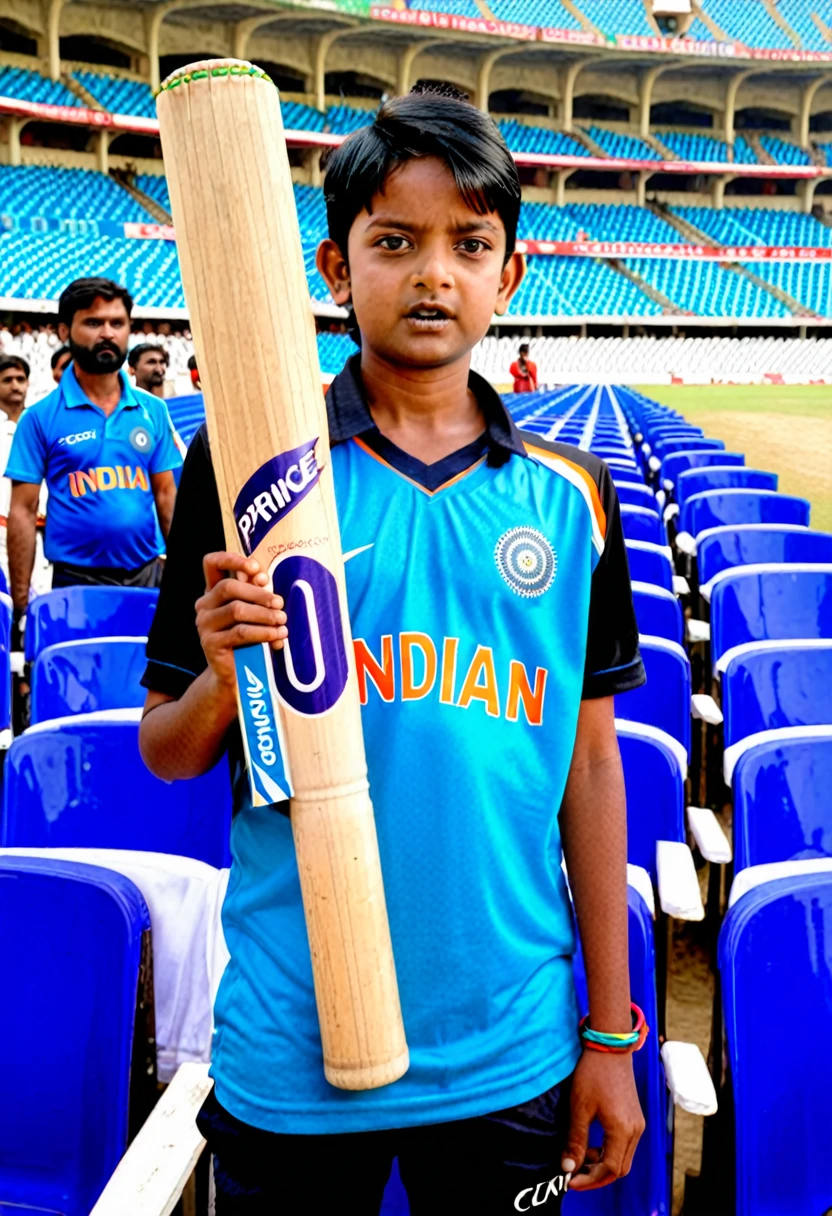 15 year boy,holds a cricket bat,worn a Indian cricket team tshirt with name ' PRINCE '
,jersey number 07 ,black hair,in stadium,crowd chanting ,front view,clear face