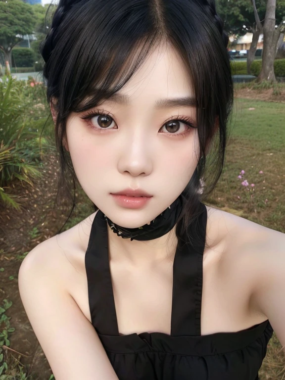 a closeup of a woman wearing a black top and a choker, Young cute pale asian face, anime thai girl, anime girl in real life, ulzzang, pretty-face-fine girl, korean girl, beautiful asian girl, profile headshot, cruel korean gothic girl, Southeast Asian with round face, Beautiful natural anime face, beautiful dolphin