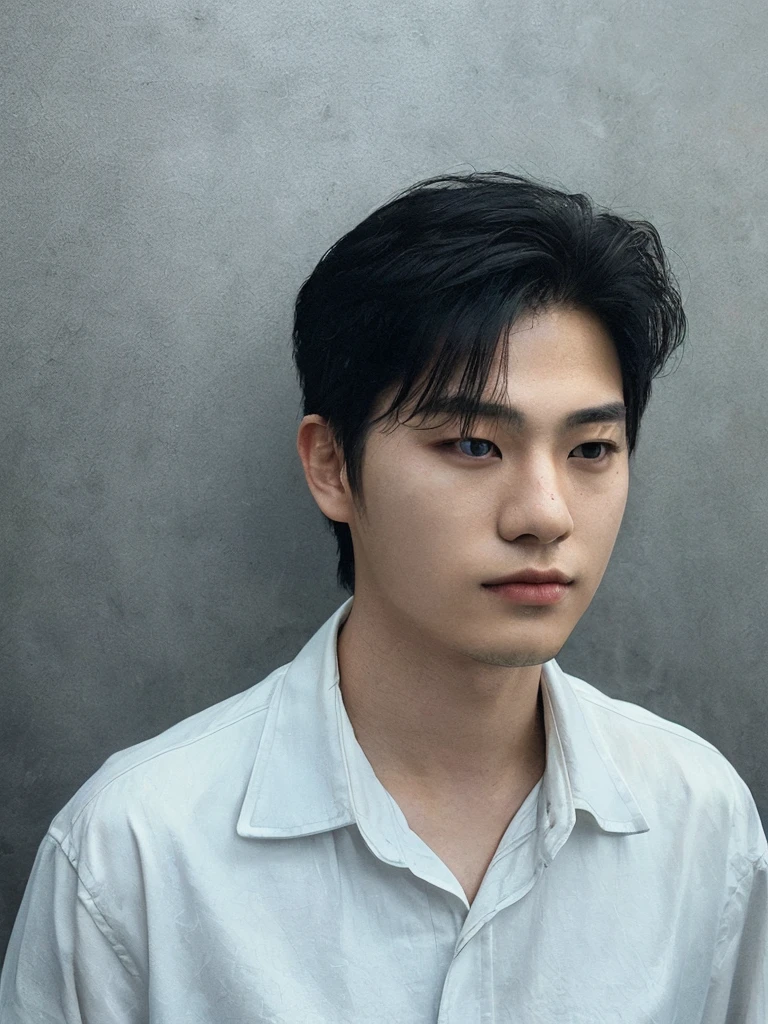 Best Quality, 8k, Masterpiece, (Portrait: 1.3), (photo realistic:1.4), (hyper realistic:1.4), Sharp Focus, looking at viewer, (smoother lighting:1.1), (increase cinematic lighting quality:0.9), realistic lighting, backlighting, light on face, ray trace, (brightening light:1.2), (Increase quality:1.4), sharp detail, (best quality real texture skin:1.4), finely detailed eyes, black_eyes, finely detailed face, 25 year old Korean man, (white formal_shirt:1.4), (Create an image maintaining the original base model hairstyle:1.5)