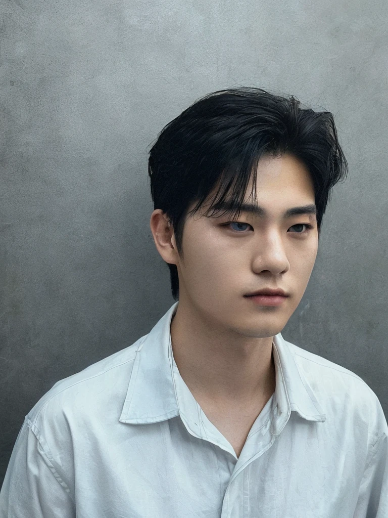Best Quality, 8k, Masterpiece, (Portrait: 1.3), (photo realistic:1.4), (hyper realistic:1.4), Sharp Focus, looking at viewer, (smoother lighting:1.1), (increase cinematic lighting quality:0.9), realistic lighting, backlighting, light on face, ray trace, (brightening light:1.2), (Increase quality:1.4), sharp detail, (best quality real texture skin:1.4), finely detailed eyes, black_eyes, finely detailed face, 25 year old Korean man, (white formal_shirt:1.4), (Create an image maintaining the original base model hairstyle:1.5)