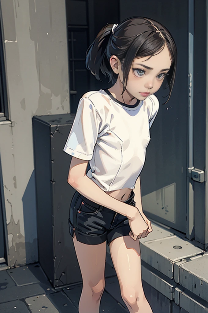 A girl around 24 years old(baby face、Slim body、Looks like ************)shorts like tights(eraser)、Supermodel(flat chest)、Posing for photos、Cool pose、Graffiti art background、provocative、rude、lti kid、aldult、shorts、 Ilya Kuvshinov style, Ilya Kuvshinov. 4K 、short and small