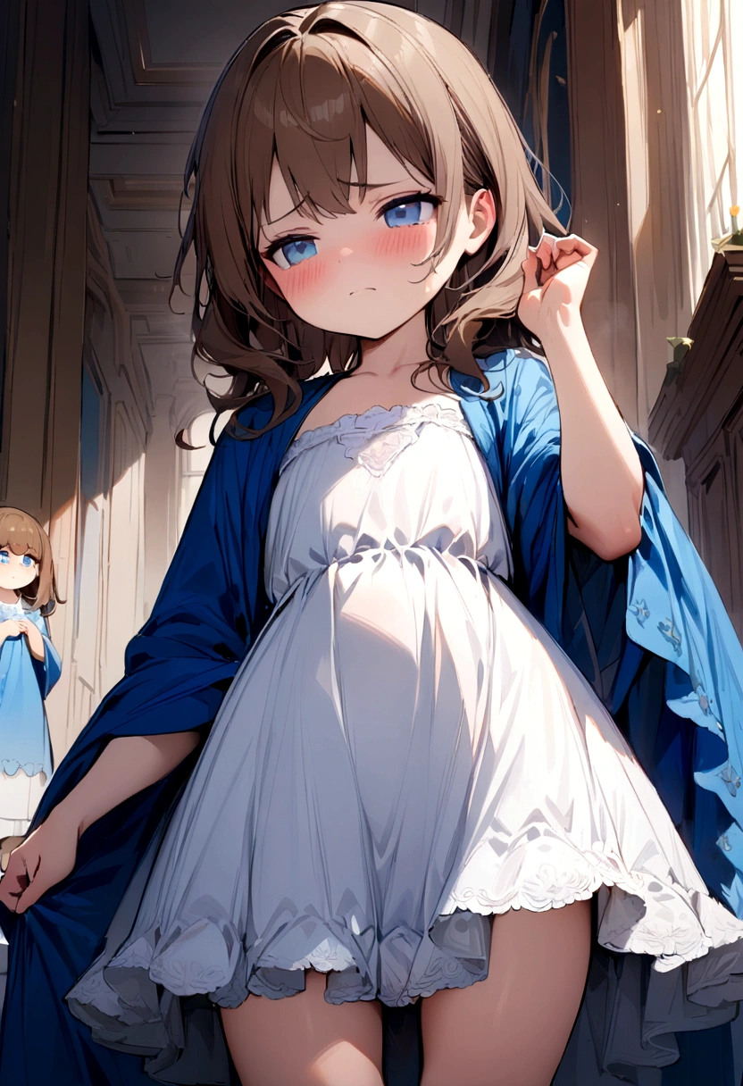 ((Masterpiece)), (((best quality))), hips wide open, ((blue colour eyes)), (((long brown hair))), ((shot White dress)), (()), (Tired face), (cute), ((blue silk robe))