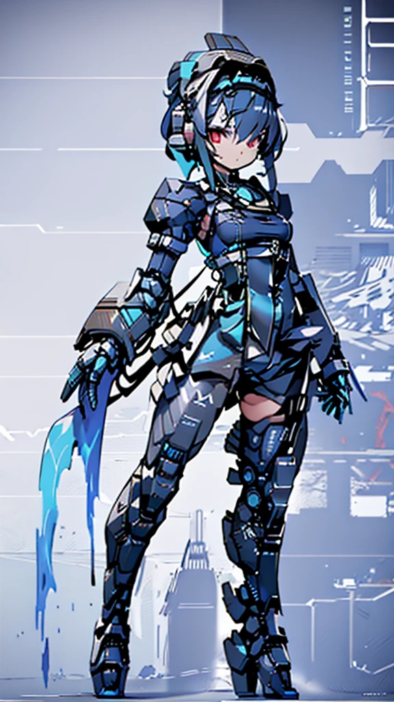 Beautiful girls、Incredible quality 4k vtuber、Red eyeultiple colors、Blue hair and black hair、Graphical studio for PC with microphone and LED lights、Cyberpunk Gamer 、android、Blue clothes、Two-line clothing、Short sleeve、Shorts、Scarf、Combat uniform、Knee-high、Headdress、Short pigtails、Stars in my eyes、Star motif、front、Standing posture、His face is split open, revealing the machine.Serviced、Pointing towards tomorrow