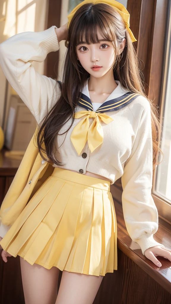 realistic,asian,
1woman,
spread legs,
long hair,bangs,yellow hair,
school uniform,serafuku,mini skirt,grey skirt,pleated skirt,long sleeves,sailor collar,red neckerchief,yellow cardigan,
floating skirt,lace_trim,panties,