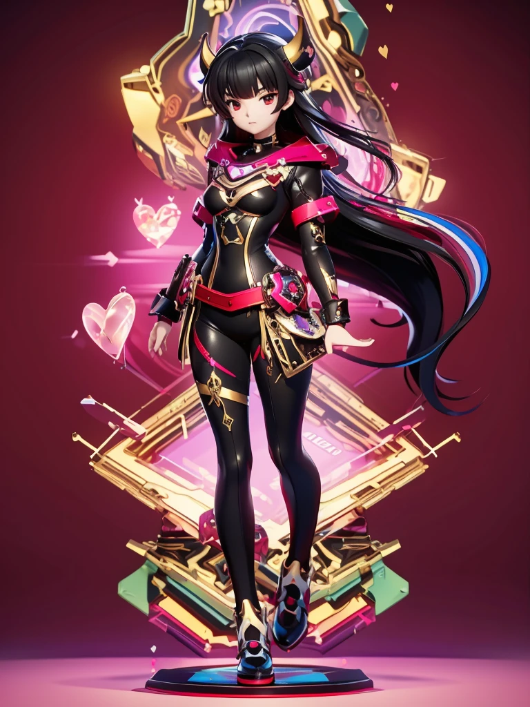 Seizo Watase style, Simple Line Initialism，Abstract art, 3d character, colorful hearts ,(((The most beautiful girl of all time))),  (full body 1.2), only girl, long hair, metal background, 18 year old, full body, (((8k))),, (((3d))),, black hair, cowlboy suit, red hair