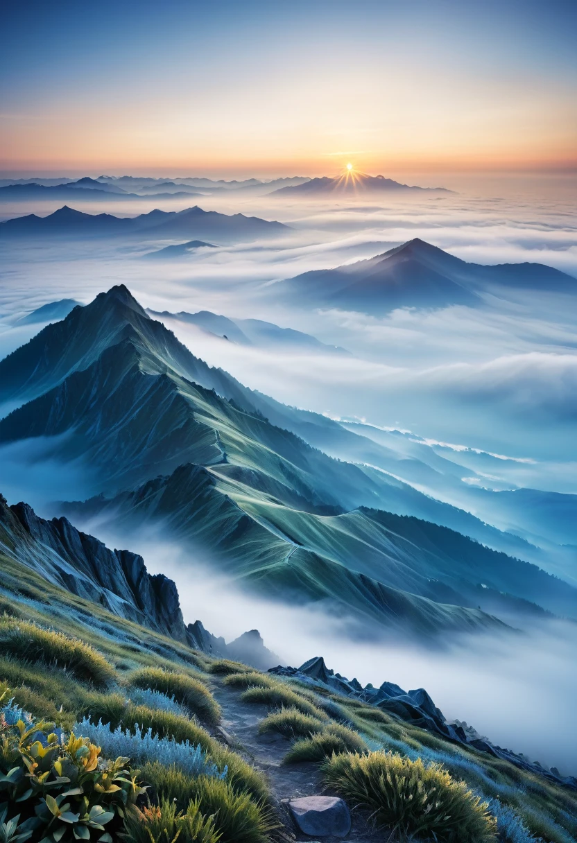Mountain landscape in blue tones at sunrise time with sunrise as background. Mountain range in the distance covered with fog and low clouds. Misty mountains mist., Mountains are like ink paintings, foggy valleys, foggy morning scenery, sea of clouds, morning light, peaceful and dreamy atmosphere, distant views,Super Depth of Field,Ultra wide angle,The intricacies of microfocal length lenses、High-detail shooting, delicate art, realistic and ultra-detailed digital art style