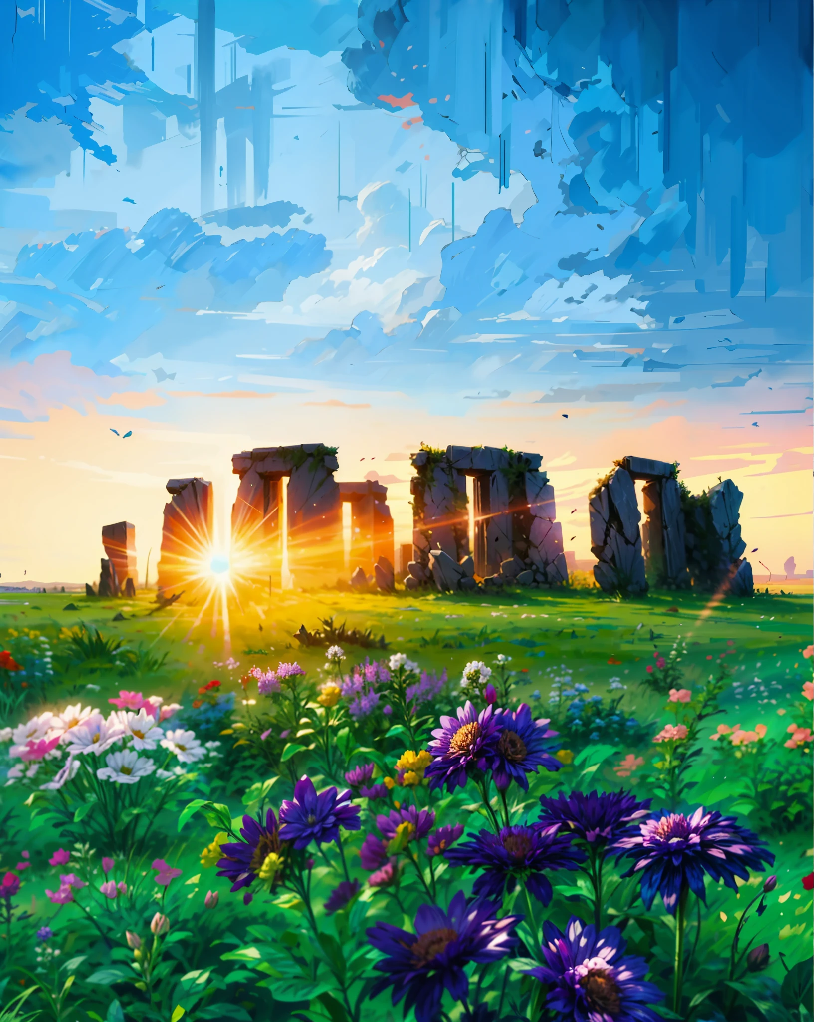 a painting of a field of flowers with the sun setting in the background, natural landscape background, beautiful landscape background, sunny day background, field of flowers background, ( thomas kincade ), ancient ruins background, landscape background, stonehenge, field of fantasy flowers, meadow background, landscape scenery, ( ( thomas kinkade ) ), fantastic background landscape, beautiful, HD, UHD, HDR, 32 K