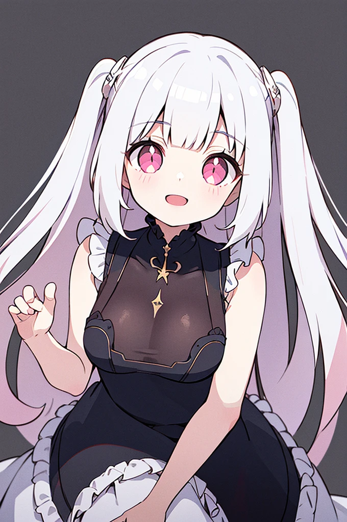 Pueros face_V1:0.24, highest quality, realistic, 8K, High resolution, 1 girl, girl, (skin dents), (portrait), ((simple background:1.62)), full color, ((big round breasts,exposed chest,frills)), look straight at the viewer:1.8, (1 girl eyes looking at viewer:1.55), (Long-length hair, silver hair, two side up,straight bangs:1.45,pink eyes), (Bokeh),looking at the viewer,open mouth smile,Shining eyes,cute pose,sparkling eyes,Super high quality,dynamic pose,date situation