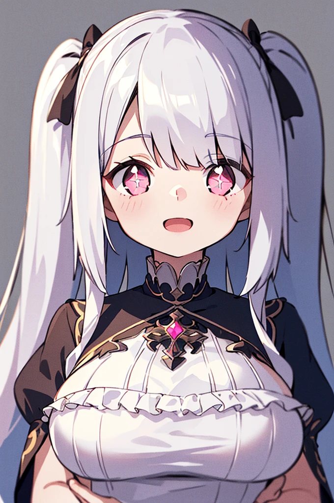 Purelos Face_v1:0.24, Highest quality, Realistic, 8K, High resolution, 1 Girl, 16-year-old girl, (Skin dents), (Portraiture), ((Simple Background:1.62)), Full Color, ((Big round breasts,Frills)), Look directly at the viewer:1.8, (1 Girl eyes looking at viewer:1.55), (Long-length hair, Silver Hair, Two Side Up,Straight bangs:1.45,Pink Eyes), (Bokeh),Watching the audience,Open Mouth Smile,Sparkling Eyes,Cute pose,Sparkling Eyes,Ultra HD,Front shot,whole body,Full Body,Ultra HD