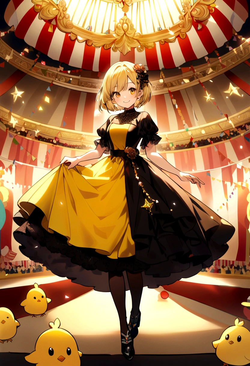 girl, whole body, short hair, Blonde Hair, small, yellow, smile,Circus, Chick