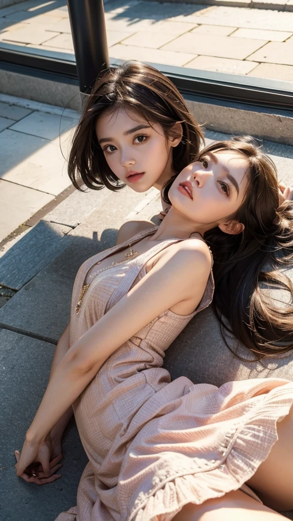 The girl laying on ground and watching left side , her face is mad but it's cute . Cute dresses, cute style , full body , high quality, high details , realistic