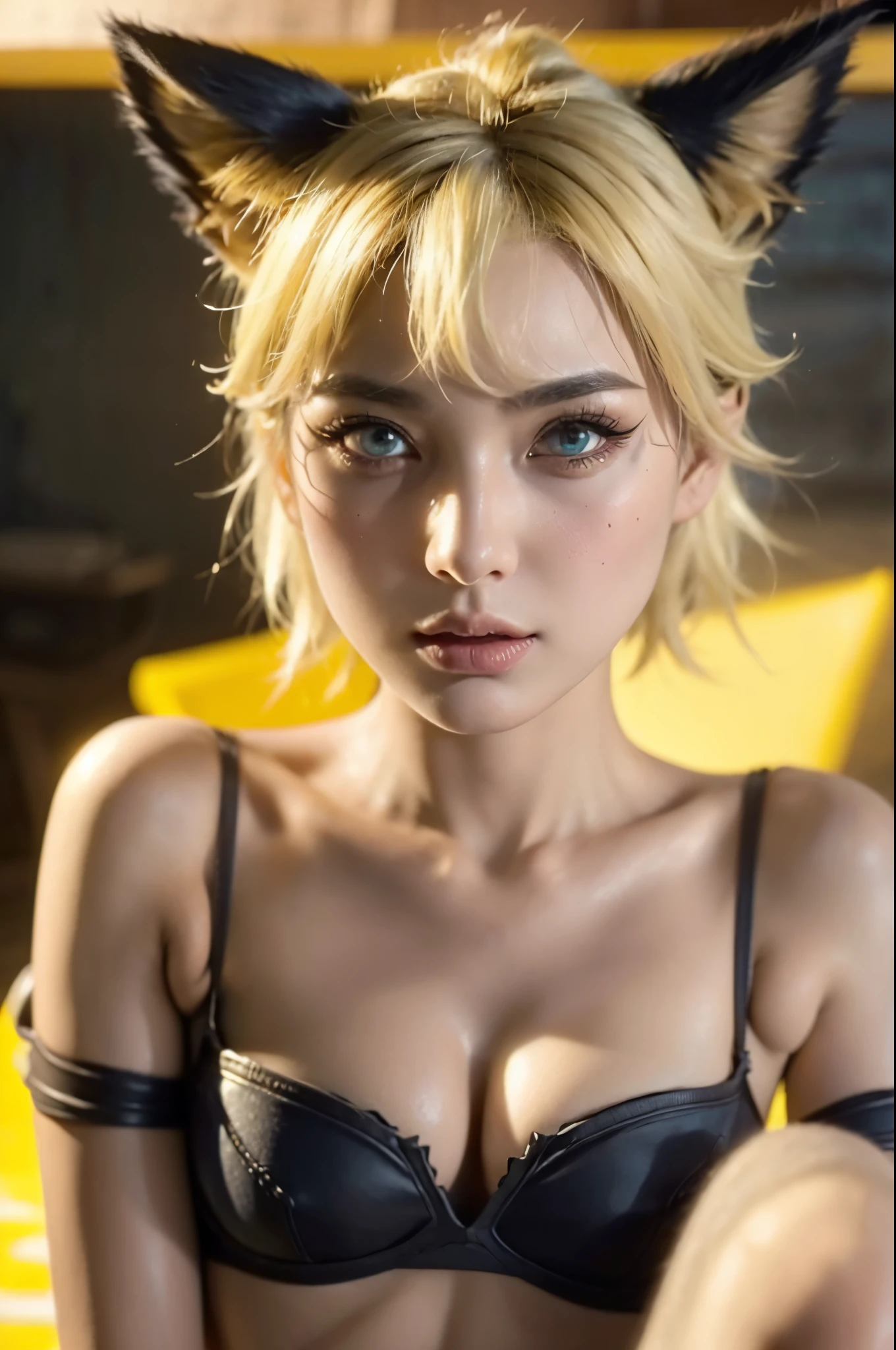 a beautiful girl with fury expression, yellow short hair with cat ears, wearing hot and sexy outfit , highly detailed, cinematic lighting, vibrant colors, photorealistic, masterpiece, 1girl, beautiful detailed eyes, beautiful detailed lips, extremely detailed face, long eyelashes, dramatic pose, intricate details, sharp focus, volumetric lighting, hyperrealistic, 8k, high quality