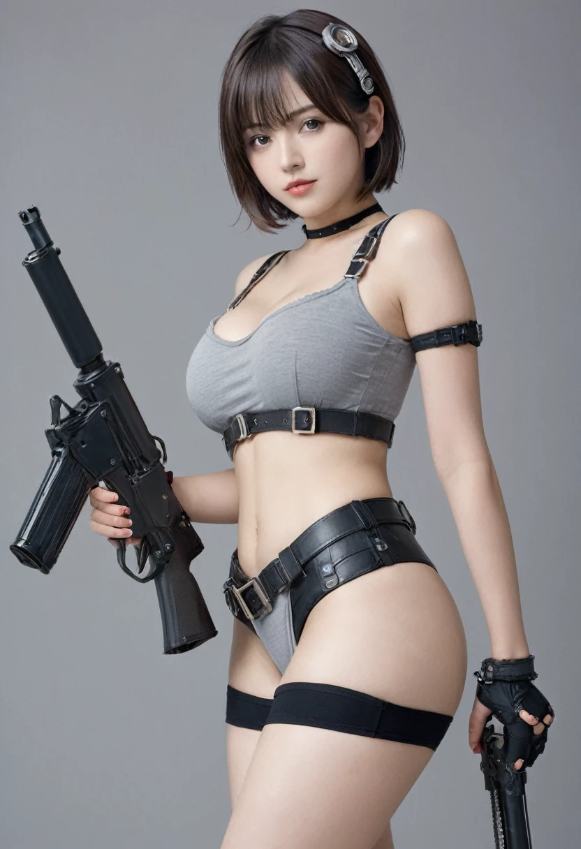 1girl, solo, curvy, large  breasts, looking at viewer, short hair, bangs, hair ornament, closed mouth,  cowboy shot, hairband , grey background, holding gun, nude, , thigh strap, pussy, nipples, barcode, robot joints, android, 
, masterpiece, best quality, score_9, score_8_up, score_7_up