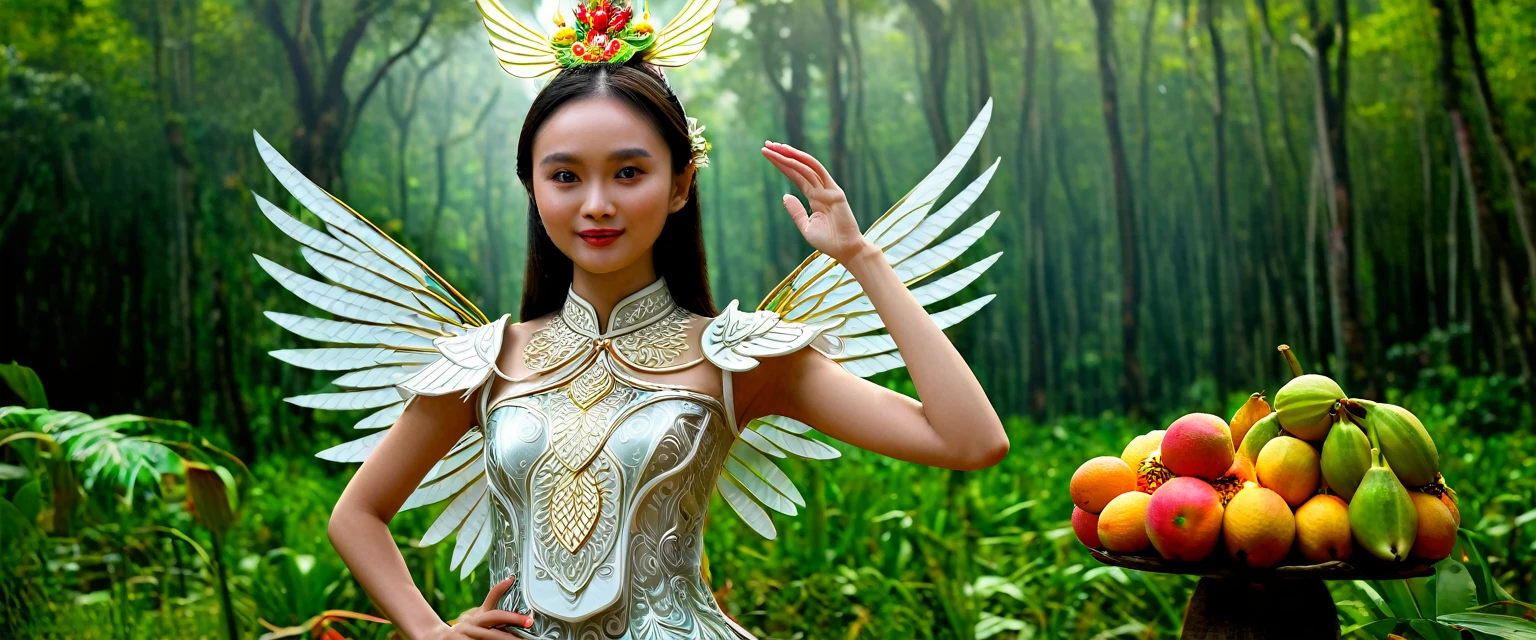 Photp of A 3D text saying "AI Video Generator TH", (((Masterpiece 1.2))) ((Perfect face)) a beautiful Thai-Russian woman with intricated wings, making a welcome gesture face, in a respectful Thai greeting pose (wai), standing next to a big various fruits, with a view of a Himapan Mystical forest in the background. take by a 800mm lens of the Sony A90, in the style of Francisco Jose De Goya, Fantasy Style , --ar 7:3 --v 6.0 --s 250 --style raw