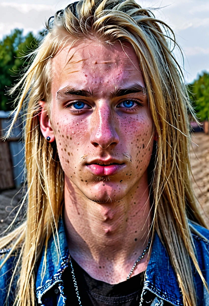 Metalhead ager with a lot of acne, very masculine, very wide and long nose, very long blonde hair, blue eyes, very masculine, with acne and piercings