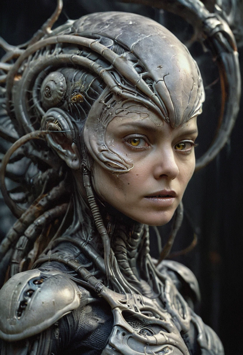 a face of a uncanny creature with human like features,(FRONT FACING SHOT) subtle insectoid like features, thin like physique, its body is covered in a organic grey fleshy colored exoskeleton, looking at the camera, front view, organic, sketchy, coloring book, splatter ink, sf, intricate artwork masterpiece, ominous, matte painting movie poster, golden ratio, trending on cgsociety, intricate, epic, trending on artstation, by artgerm, h. r. giger, highly detailed, vibrant, production cinematic character render, ultra high quality model, Broken Glass effect, no background, stunning, something that even doesn't exist, mythical being, energy, molecular, textures, iridescent and luminescent scales, breathtaking beauty, pure perfection, divine presence, unforgettable, impressive, breathtaking beauty, Volumetric light, auras, rays, vivid colors reflects, photo realistic, cinematic, movie still, captured in the style of Sony Alpha A7 III camera, half body portrait, dramatic shadow evocative analog film noise, half body portrait, cinematic, movie still, captured in the style of Sony Alpha A7 III camera