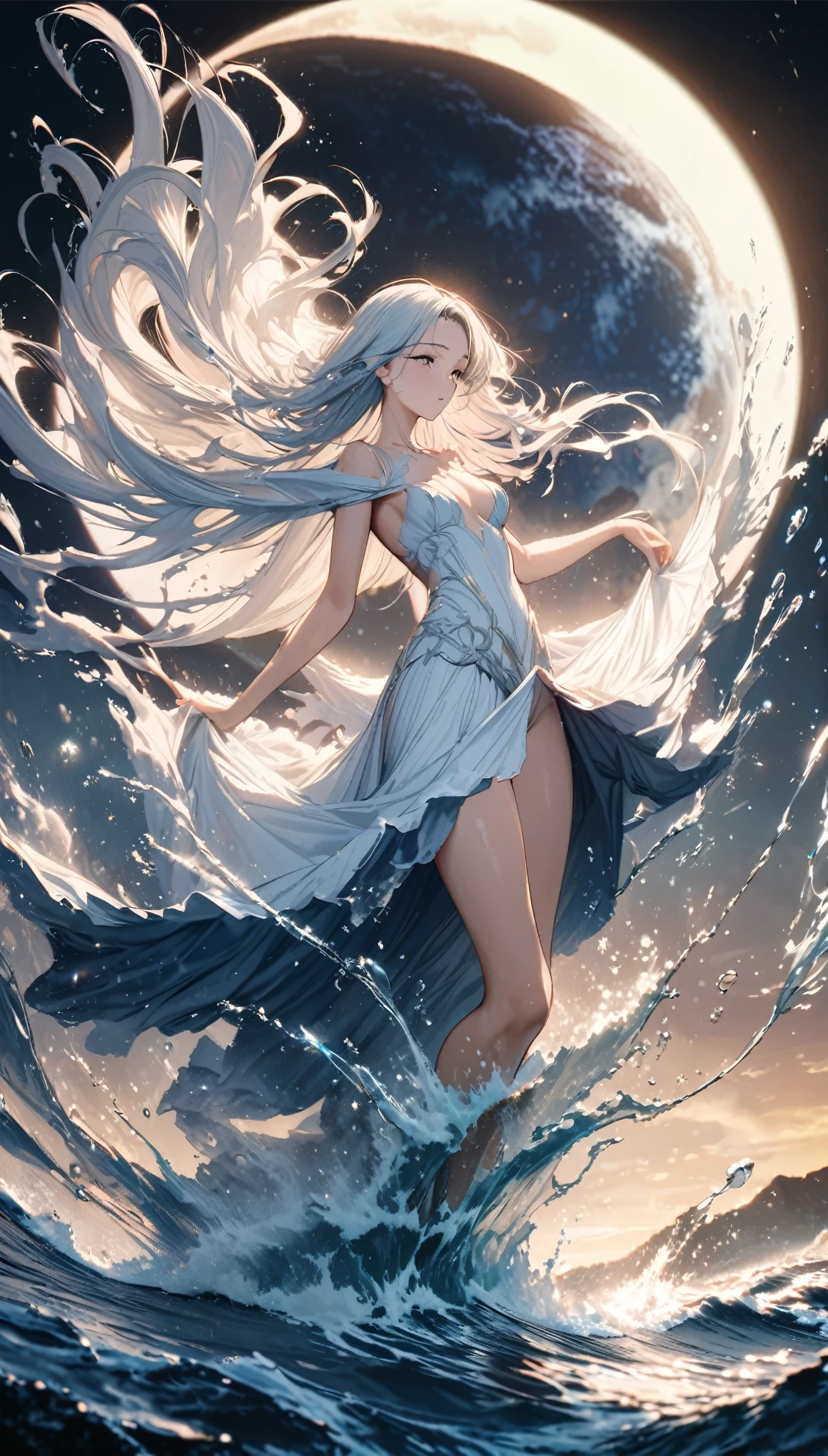 best quality, super fine, 16k, incredibly absurdres, extremely detailed, 2.5D, delicate and dynamic, the sea splits in two, like the Ten Commandments of Moses, with a beautiful woman like a sea spirit in the center, captivating look, turbulent sea water, splashes of water, galaxy, white full moon