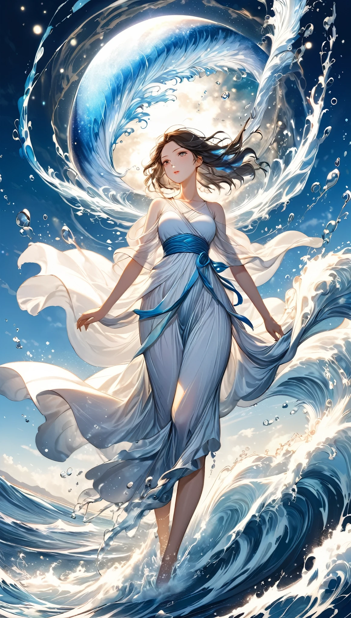 best quality, super fine, 16k, incredibly absurdres, extremely detailed, 2.5D, delicate and dynamic, the sea splits in two, like the Ten Commandments of Moses, with a beautiful woman like a sea spirit in the center, captivating look, turbulent sea water, splashes of water, galaxy, white full moon