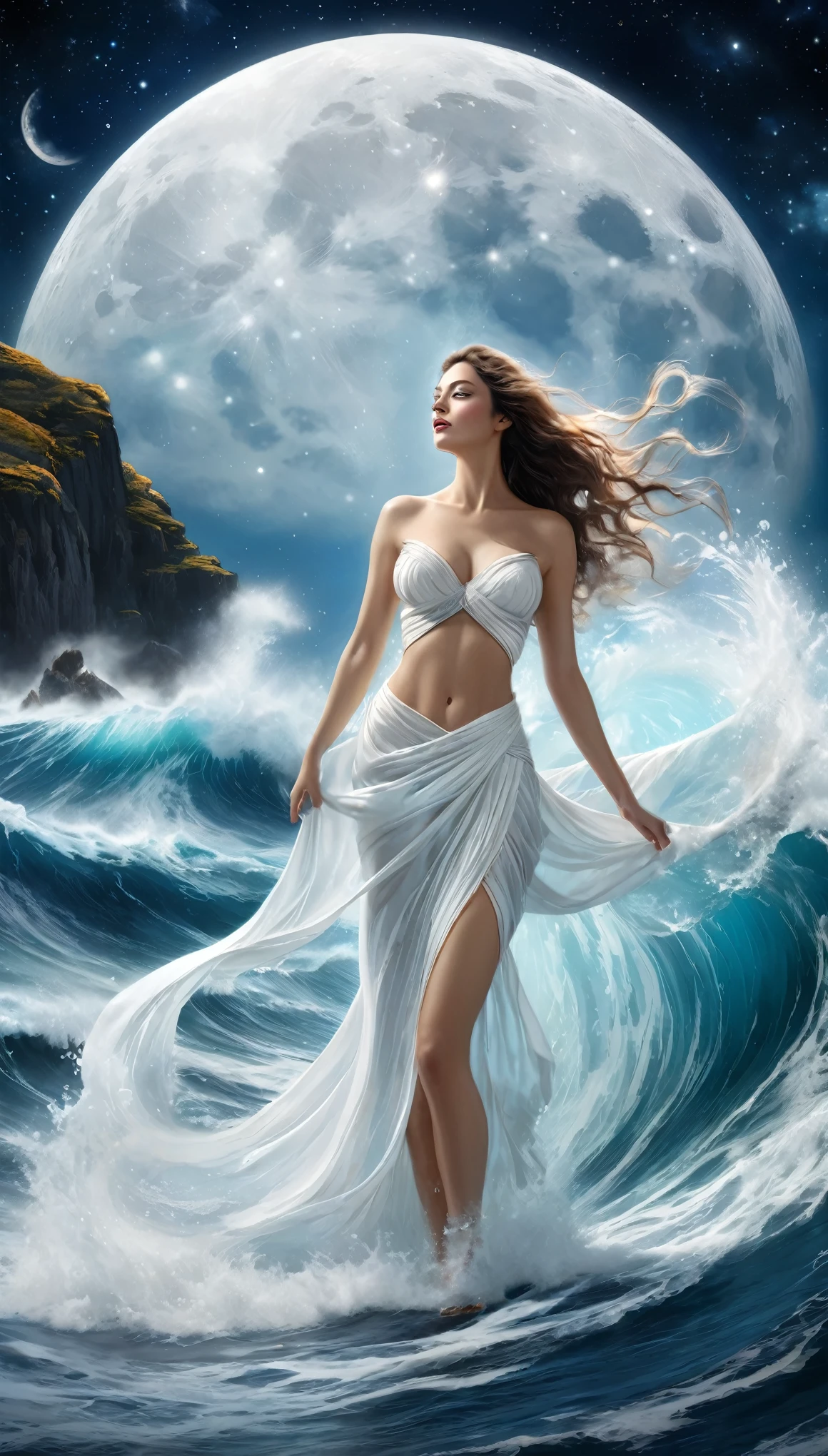 best quality, super fine, 16k, incredibly absurdres, extremely detailed, 2.5D, delicate and dynamic, the sea splits in two, like the Ten Commandments of Moses, with a beautiful woman like a sea spirit in the center, captivating look, turbulent sea water, splashes of water, galaxy, white full moon