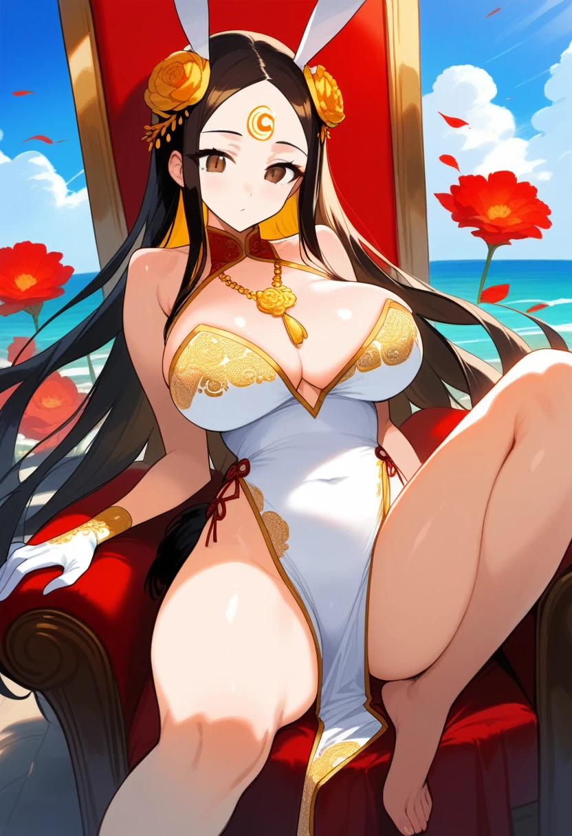 (((best quality))), ((ultra-detailed)), ((an extremely delicate and beautiful)), ((16k)), realistic, hd, cgi, gleaming hair, gleaming skin, gleaming dress, Character focus, solo, sitting down pose on a high throne, strong light coming in, sharp focus, illustration, game cg, anime, solo, curvy, (big breasts:1.3), forehead, ( white gold lining Chinese Lace Up Cheongsam Open Chest Bodycon Dress High Slit Qipao mini), faste collarbone, (belly:0.9), looking at the viewer, ocean, flower hair ornament, accessories, backlighting, shiny skin, shiny body, chibi, gloves, necklace, jewellery, black-brown hair, bead necklace, red faded into black colored hair, brown eyes, long hair, black bunny ears, red ombre hair, red-black hair, more yellow hair streaks, smaller dress, mommy goddess, thighs, looking down at the viewer, bare feet directed at the viewer, goddess, female dominance, high pony tail