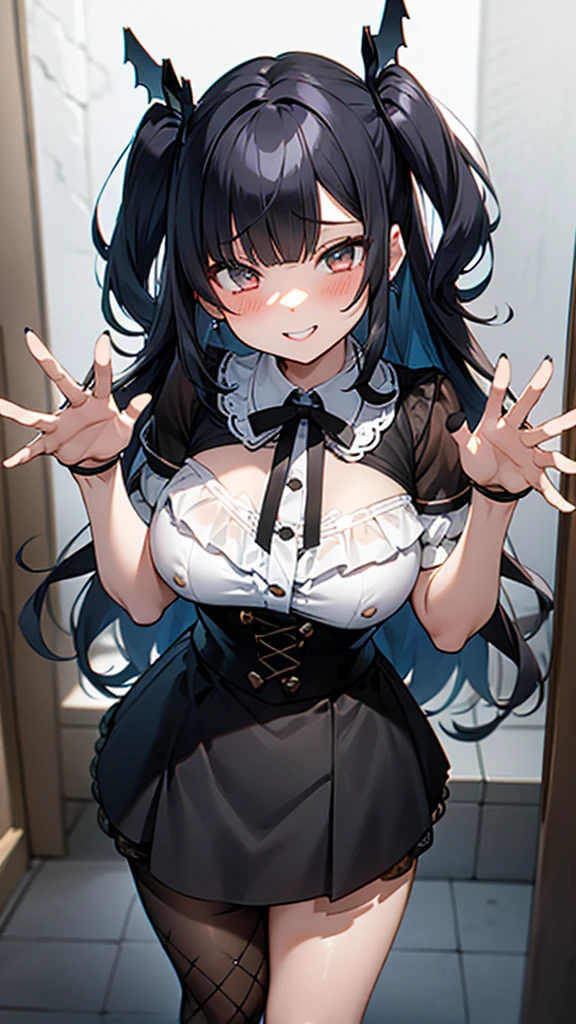 masterpiece,Highest quality,One Girl,(黒いtwo side up:1.1),(Wavy Hair:1.1),Medium Hair,(Light blue gradient hair:0.8),Big Breasts,ruffled white blouse,black flared skirt,Ribbon ornament,Fishnet tights,Mischievous Smile,Up Leg,Panty Focus,Lace panties,(Hollow Eyes),(scorned eyes),Panties as a gift