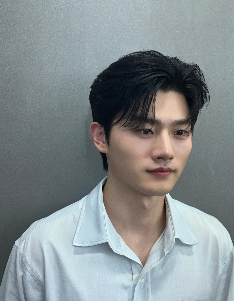 Best Quality, 8k, Masterpiece, (Portrait: 1.3), (photo realistic:1.4), (hyper realistic:1.4), Sharp Focus, looking at viewer, (smoother lighting:1.1), (increase cinematic lighting quality:0.9), realistic lighting, backlighting, light on face, ray trace, (brightening light:1.2), (Increase quality:1.4), sharp detail, (best quality real texture skin:1.4), finely detailed eyes, black_eyes, finely detailed face, 25 year old Korean man, (white formal_shirt:1.4), (Create an image maintaining the original base model hairstyle:1.5)