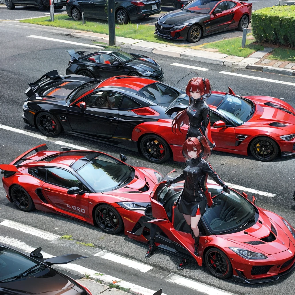 Draw a girl with black and red hair, next to the cars.
