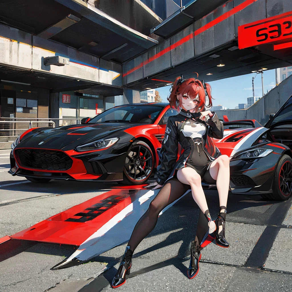 Draw a girl with black and red hair, next to the cars.