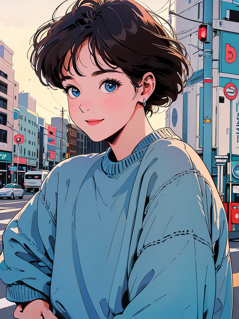 whole body、Upper Body little bit forward to side direction, 1 pretty woman、4k、White short-sleeved sweater with a cute otter character painting、pedestrian crossing、Signal 、intersection、Complex background、Detailed Hair、smile、Blue Eyes、Light brown hair, magazine cover, city, signal, shy smile.