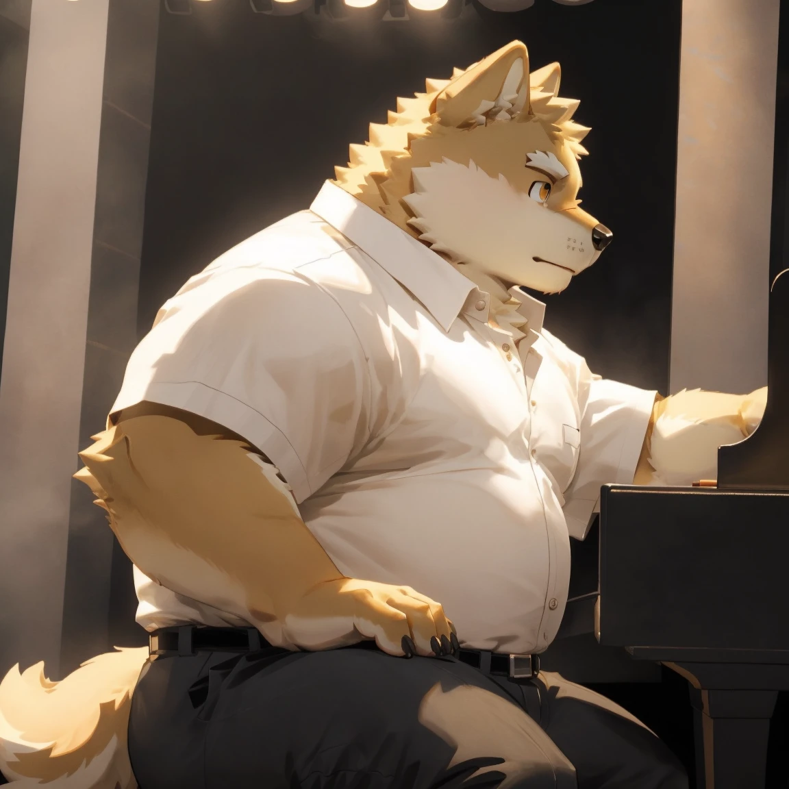 masterpiece, best quality, 8k resolution, Very detailed, hairy，Shiba Inu，(Black hair)，(((golden fur)))，(((Golden Eyes)))，Chubby，Chubby face，(((White shirt)))，(((Loose shirt)))，((Black pants))，Highest quality scene，(((Solitary)))，(((solitary)))，((正在弹piano的))，((light))，(((piano)))，(((earnest)))，(((Round face)))，(((whole body)))，(((Medium shot)))，(((stage)))，(((on the side of)))，((坐在piano凳上))