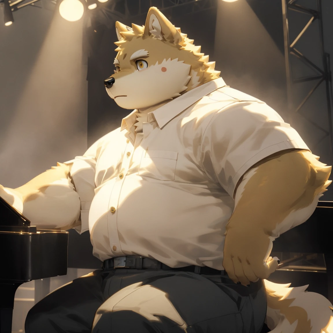 masterpiece, best quality, 8k resolution, Very detailed, hairy，Shiba Inu，(Black hair)，(((golden fur)))，(((Golden Eyes)))，Chubby，Chubby face，(((White shirt)))，(((Loose shirt)))，((Black pants))，Highest quality scene，(((Solitary)))，(((solitary)))，((正在弹piano的))，((light))，(((piano)))，(((earnest)))，(((Round face)))，(((whole body)))，(((Medium shot)))，(((stage)))，(((on the side of)))，((坐在piano凳上))